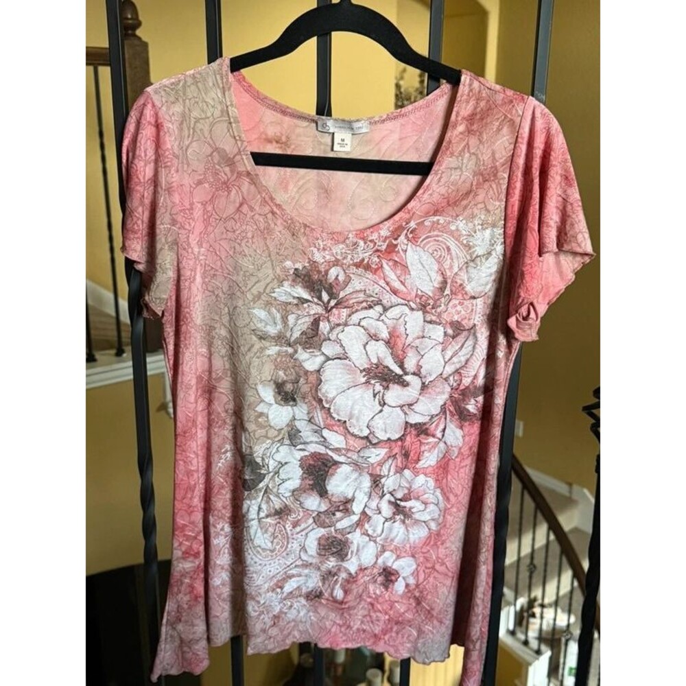 Vintage Y2K Pink Floral Scoop Neck Short Sleeve Top